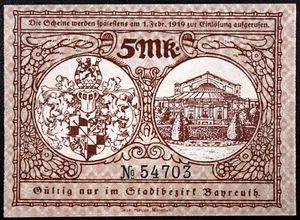 BAYREUTH 1918 5 Mark Grossnotgeld WWI German Notgeld - Picture 1 of 2