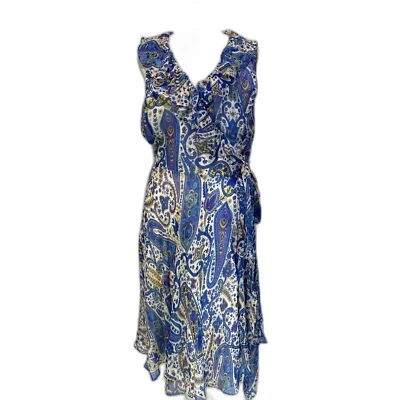 Lauren Ralph Lauren Seda Verdadero Envolvido Vestido Clásico Paisley Azul Informal Mujeres 10 Foto 1 de 4