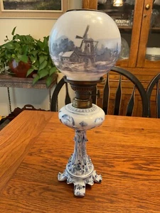 Antique 14” tall Delft Porcelain Oil Lamp E M & Co. The Boudoir w/Circular Wick - Picture 1 of 16