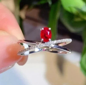 14k White Gold Plated Oval Cut Simulated Red Ruby 925 Silver Wedding Band Ring - Picture 1 of 8