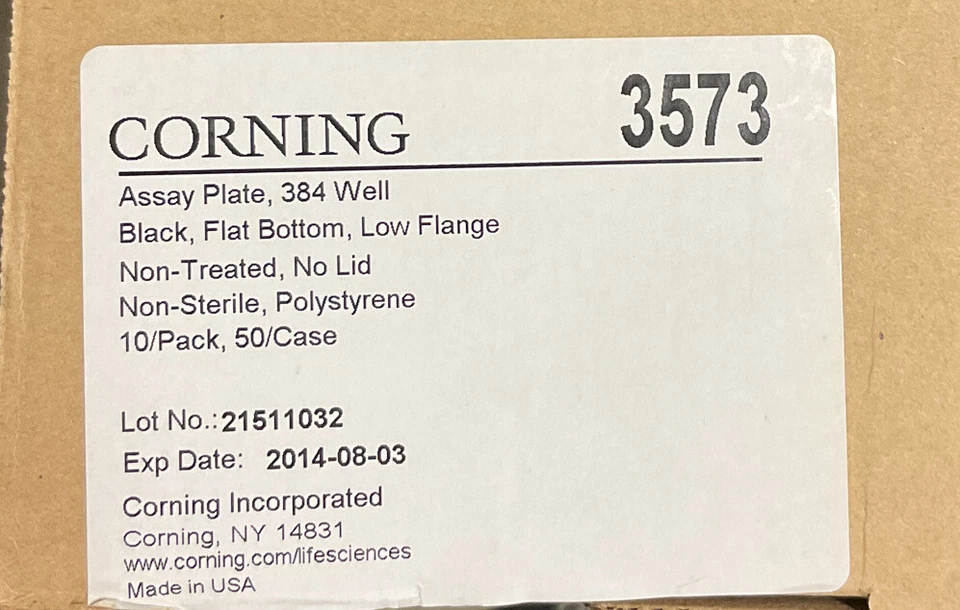 1 BOX OF 10 CORNING 3572 384 WELL FLAT BOTTOM ASSAY PLATES - Image 1 of 1