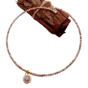 17" Natural Pink Rhodochrosite Choke Sunstone Charm Necklace - Picture 1 of 8