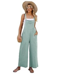 Womens Cotton Bib Overalls Loose Fit Wide Leg Jumpsuits Casual X-Large Cyan - Picture 1 of 6