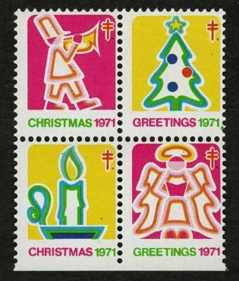 1971 WX245 Angel/Candle/Tree/Trumpeter Block of 4 US Christmas Seals/Stamps MNH - Image 1 of 2