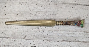 Vintage Brass Letter Opener Enamel Embossed Handle Deer Bird Floral China 9" - Picture 1 of 9