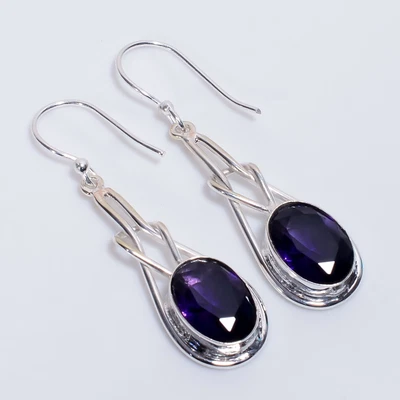 Amethyst Gemstone Ethnic Style Handmade 925 Sterling Silver Earrings 2" s987 - Image 1 of 4