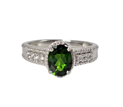 Anillo ruso de diopsido cromado y circón blanco talla 7 rodio sobre plata de ley Foto 1 de 4