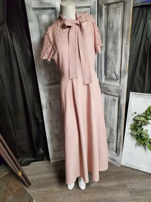 VTG Midi Maxi Pussy Bow Tie Dress M  Hostess Mod Lace Mother OF Bride Keyhole - Image 1 of 4