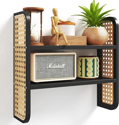 Estante de ratán de 2 niveles, estantería de ratán negro montada en la pared, exhibición tejida hecha a mano Foto 1 de 4