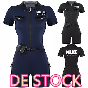 DE~Damen Polizistin Kostüm Cosplay Polizei Jumpsuit Overall Kurzarm Cop Uniform - Bild 1 von 30
