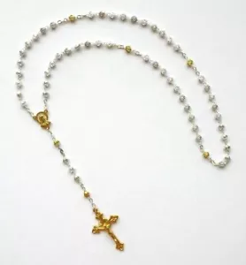 Madonna Gold Tone / Silver Tone Pewter Rosebud Beads Rosary - Picture 1 of 4