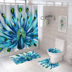 Peacock Bathroom Rug Set Shower Curtain Bath Mat Pedestal Rug Toilet Lid Cover - Picture 1 of 12