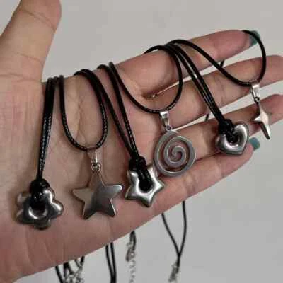 Pentagram Star Pendant Necklace For Men Women Black Rope Chain Y2K Choker Look - Image 1 of 4