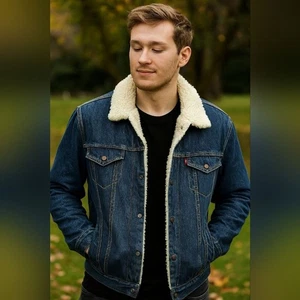 Vintage Levi's Trucker Dark Blue Jacket with Cream Sherpa Lining 44R Made USA - Picture 1 of 5