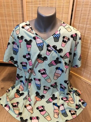 Scrubs Scrub Top Cartoon Disney Mickey and Minnie Mouse Ice Cream Cones 2XL H562 - Image 1 of 4