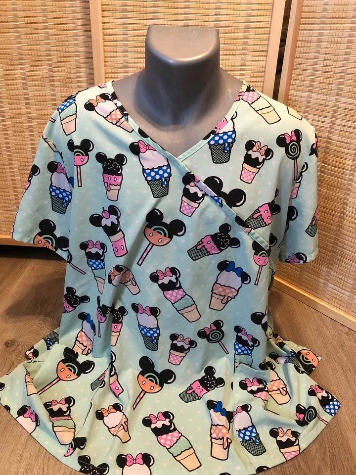 Scrubs Scrub Top Cartoon Disney Mickey and Minnie Mouse Ice Cream Cones 2XL H562 - Image 1 of 4