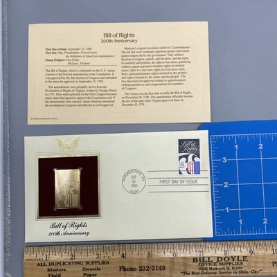 BILL OF RIGHTS 22kt Gold Stamps First Day Issue 25 Cent 200th Anniversary - Image 1 of 4