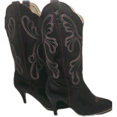 Vintage Jeenz Bootz Black Leather High Heel Cowboy Cowgirl Boots 7.5M Style J560 - Image 1 of 4