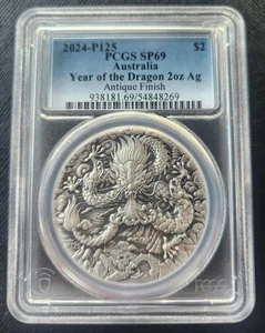 2024 Australia $2 Antiqued Year of the Dragon 2 oz silver coin, PCGS SP69 - Picture 1 of 3