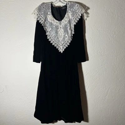 Vintage Cachet by Bari Protas Black Velvet Lace Collar Dress 80s Victoriana M - Image 1 of 4