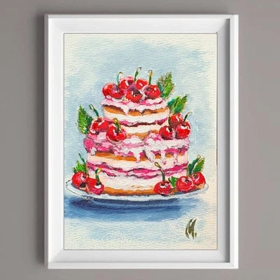 Cherry Cake Painting Dessert Art Food Illustration Sweet Treat Kitchen Decor - Image 1 of 4