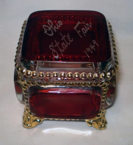 EAPG Ruby Flash Souvenir 1949 Ohio State Fair Beaded Footed Jewelry Trinket Box - Picture 1 of 5