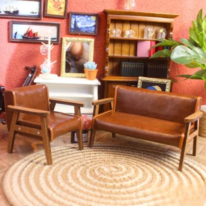 Maßstab 1:12 Puppenhaus Miniatur Altmodisch Möbel Sofa Leder Holz Wohnzimmer - Picture 1 of 18