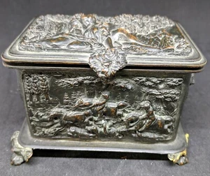 NEW PRICE! Antique French Bronze Jewelry Casket Hunt scenes reliefs BOX - Picture 1 of 9