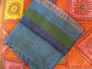 Warm soft large striped GREEN BLUES BROWN  shawl wrap from India. . - Picture 1 of 1