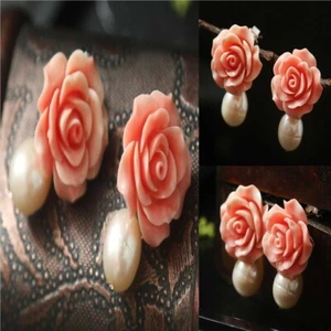 2022 New Freshwater pearl pink coral flower earrings Custom Silver Modern - Picture 1 of 9