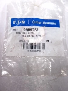 EATON CUTLER HAMMER 10250TC53 PUSH PULL BUTTON LENS PLASTIC RED "EMERGENCY STOP" - Picture 1 of 2
