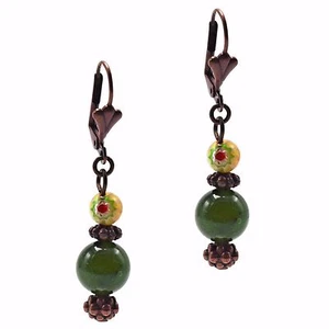 Copper Dangle Beaded Fashion Earrings Green Jade & Italian Millefiori Stone - Picture 1 of 4