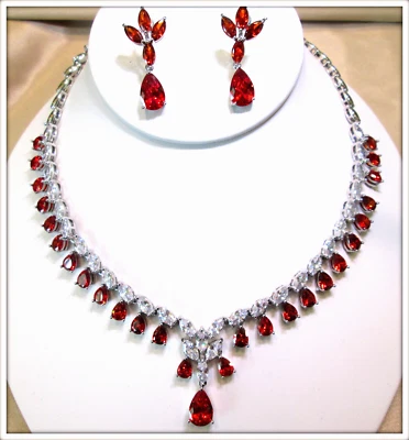 Ruby pear cut ladies lab created 18k gold filled Necklace Earring Set party - Image 1 of 4