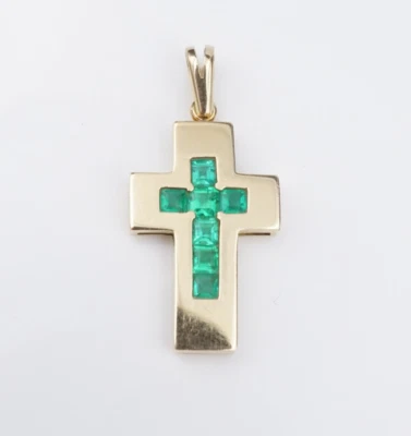 Vintage 18k Emerald Cross Pendant Yellow Gold 1.5" Handmade Artisan PG2022 - Image 1 of 4