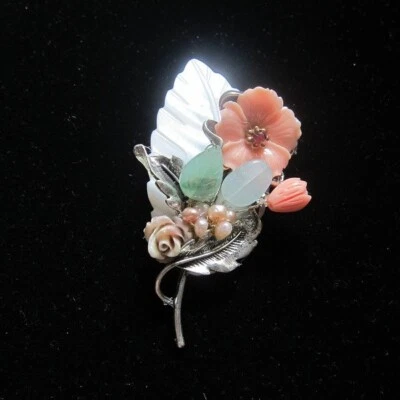 Broche de 2 vías de cristal de aguamarina piedra jade perla hoja y flor concha marina natural Foto 1 de 4