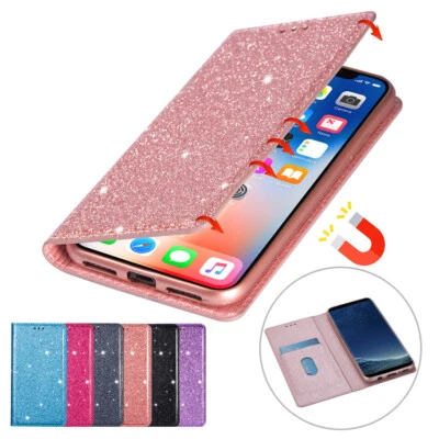 Glitter Wallet Case Magnetic Flip Cover for Samsung Galaxy S10e/S9/S8+/S7 Edge - Image 1 of 4