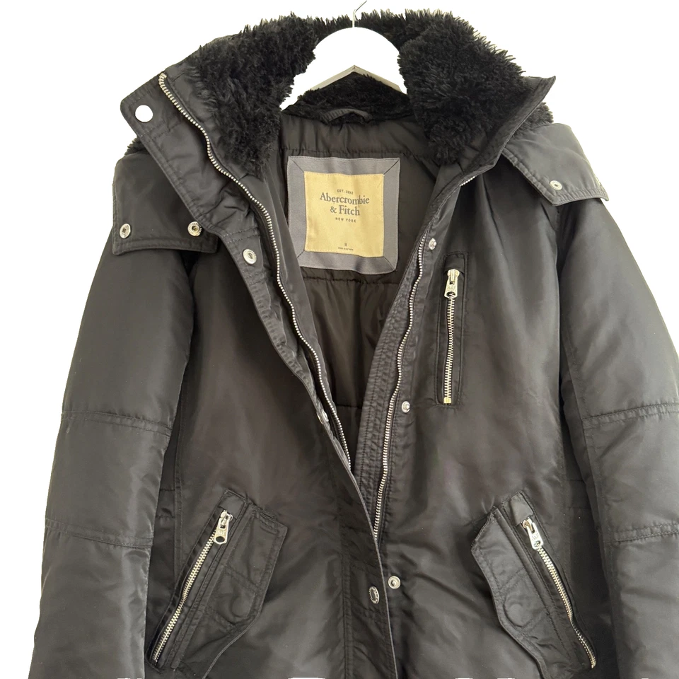 Abercrombie & Fitch черный парка пальто женщин Med теплый мех капюшон выстеганный интерьер - Изображение 1 из 4