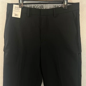 Haggar Dress Pants Mens 34x34 Black Super Flex Flat Front Comfort Khaki Chino - Picture 1 of 17