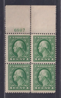 United States Scott 405 MNH 1912 1¢ Green P12 S/L Wmk Block w/ Plate # SCV $60 - Image 1 of 2