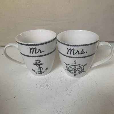 Pfaltzgraff Nautical Coffee Mug His Hers Set of 2 Mr. & Mrs. Anchor Ship's Wheel - Image 1 of 4