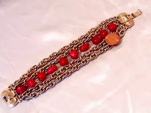 Vintage rot Duroplast Lucite Perle schräg Ketten breites Armband Multistrang Gold 7,5 - Bild 1 von 4