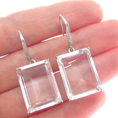 925 Sterling Silver Real Diamond & Emerald-Cut White Topaz Dangle Earrings - Image 1 of 4
