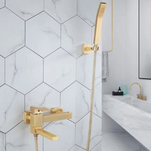 Bathtub Brushed Gold Shower Set Wall Mount Faucet Mixer with Handle Shower Taps - Picture 1 of 4