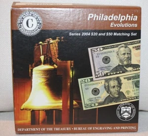 2004 SERIES PHILADELPHIA EVOLUTIONS SET MATCHING SERIAL NUMBER $20 & $50 NOTES - Picture 1 of 7