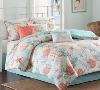 COASTAL LIVING CORAL BEACH 7pc King COMFORTER SET : COASTAL AQUA SHELL BEACH OCEAN TROPICAL