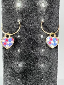 Dangle American Red White Blue Heart Stars Hoop Earrings Boho Pierced 1.25" - Picture 1 of 7