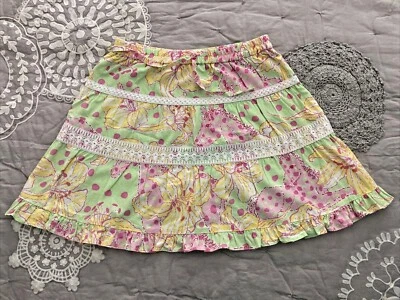 EUC Lilly Pulitzer Girls Tiered Skirt HORSES Pink Green Yellow Dots Lace SZ 8  - Image 1 of 4