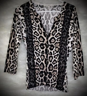 Boston Proper Embellished Black Lace And Leopard Cardigan Sweater . Size Medium - Image 1 of 4