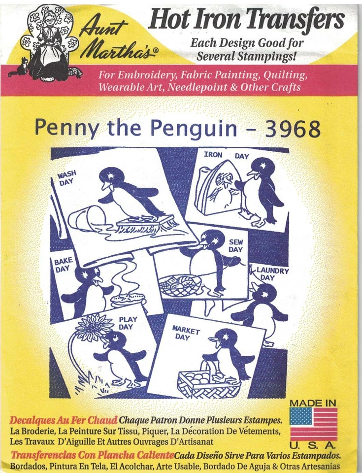 3968 Vintage Aunt Martha Embroidery Hot Iron Transfer Penny the Penguin Wash Sew - Image 1 of 1