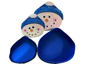 Vintage 2 Nesting Snowmen Gift Boxes Satin Sequins Embellished Trinket Keepsake - Picture 1 of 6